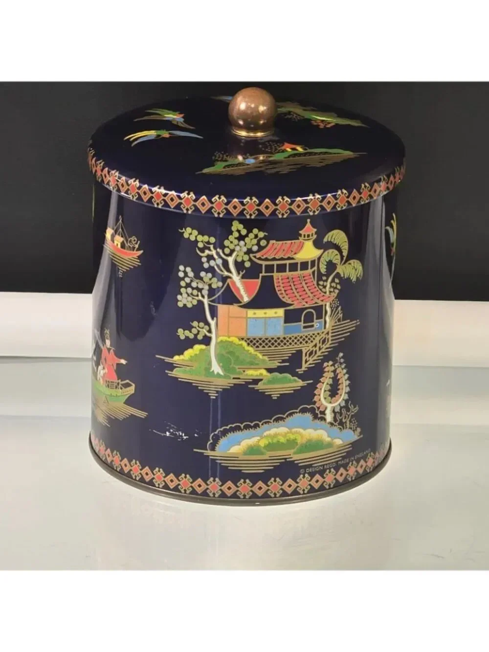 Vintage Daher Design Candy Biscuit Tin Made in England Navy Blue Asian Themed